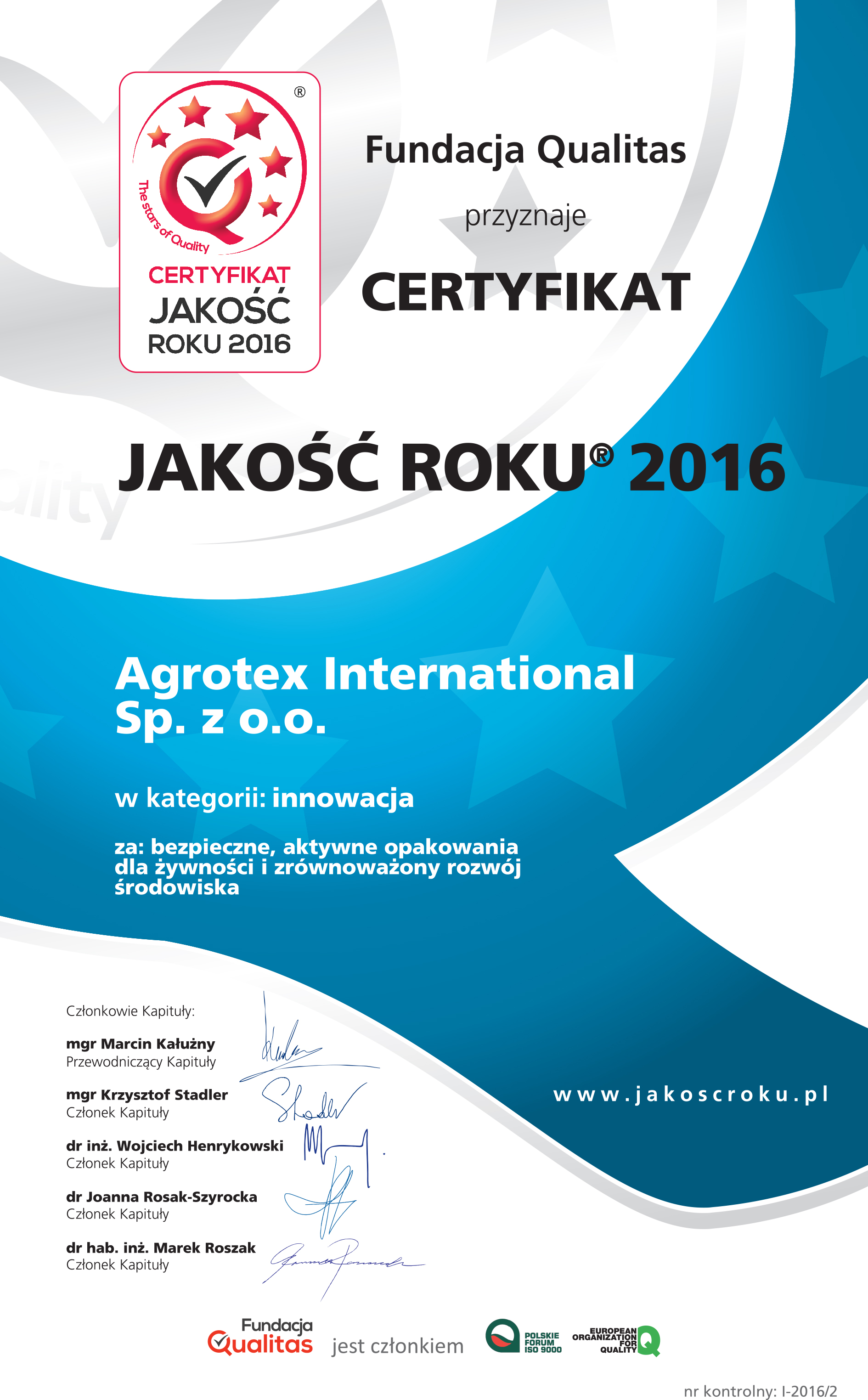 Certyfikat Jakość Roku 2016